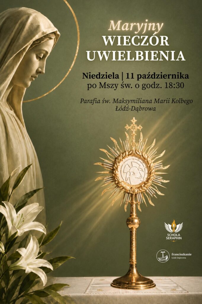 Plakat: Maryjny Wieczór Uwielbienia, niedziela 11 października, po Mszy św. o godz. 18:30